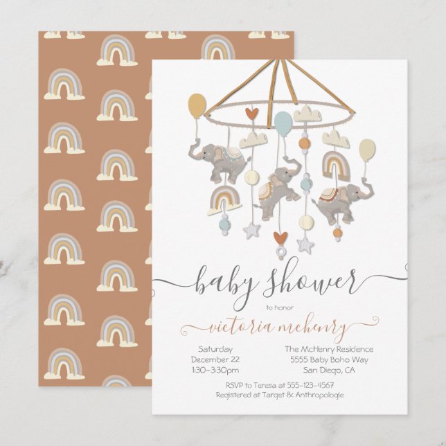 Invitación Baby Shower móvil de Boho Elephant Balloons (Anverso / Reverso)