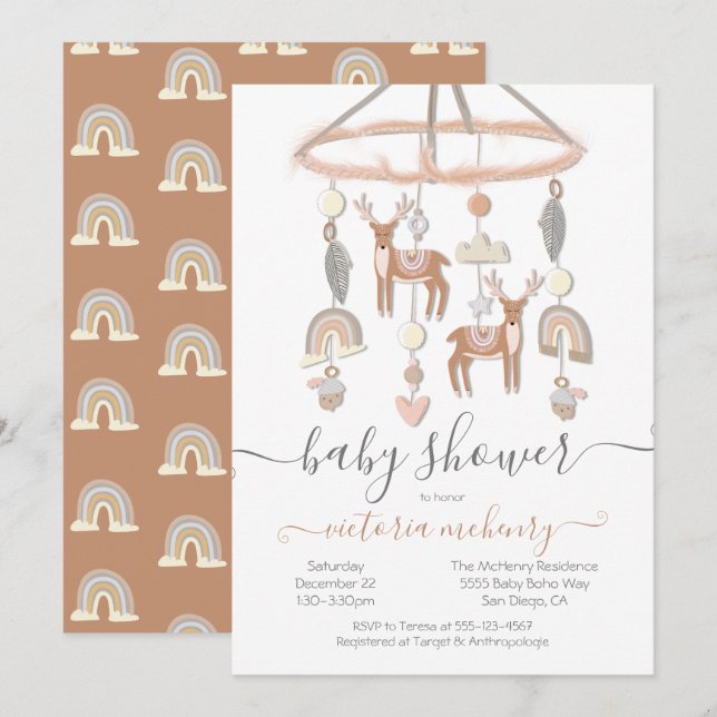 Invitación Baby Shower móvil de Boho Scandi Deer Forest (Anverso / Reverso)