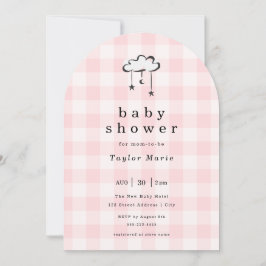 Invitación Baby Shower móvil moderno de Gingham rosa