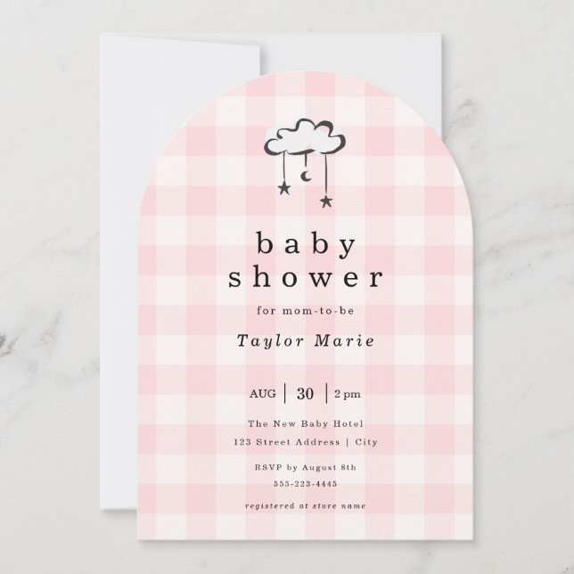 Invitación Baby Shower móvil moderno de Gingham rosa (Anverso)