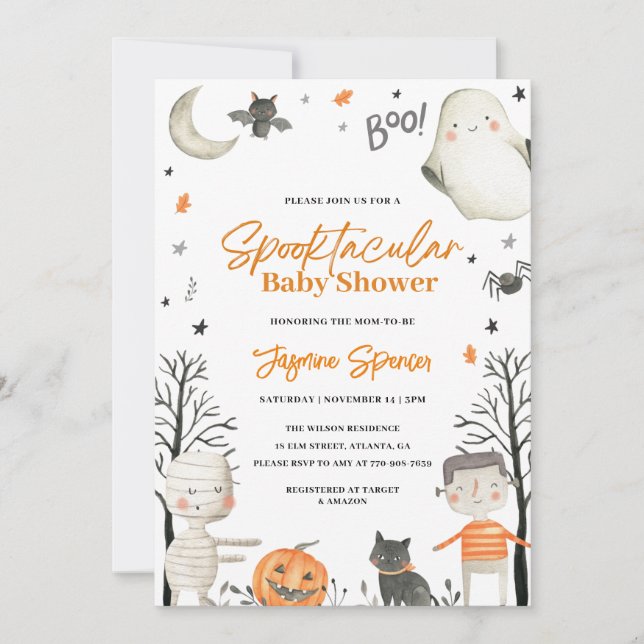 Invitación Baby Shower Naranja de calabaza de Halloween (Anverso)