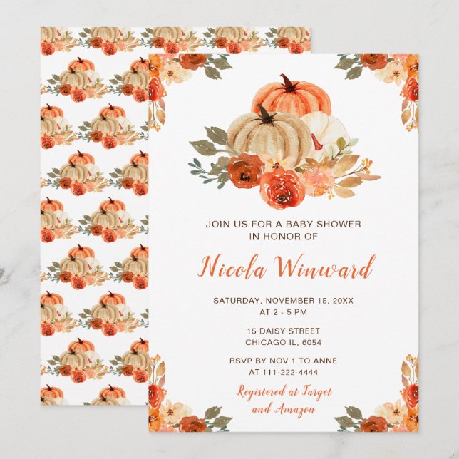 Invitación Baby Shower naranja Floral Rustic Pumpkins (Anverso / Reverso)