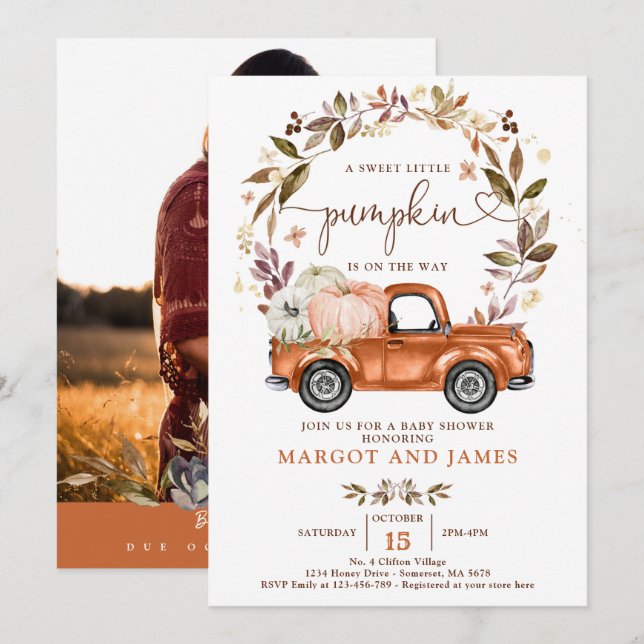 Invitación Baby Shower, Naranja ruso de calabaza quemada (Anverso / Reverso)