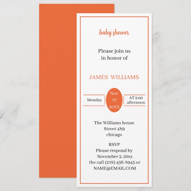 Invitación Baby Shower Naranja simple personalizado (Anverso / Reverso)