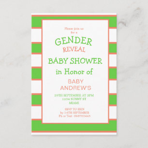 Invitación Baby Shower Naranja verde rayado de género revelad