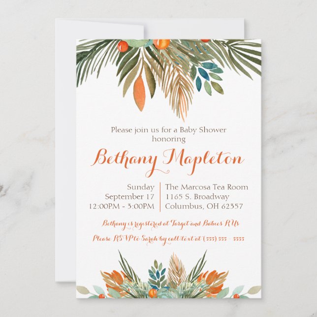 Invitación Baby Shower naranja, verde y floral marrón  (Anverso)