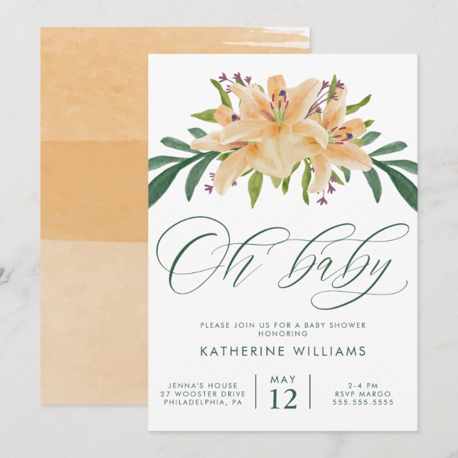 Invitación BABY SHOWER | Naranja Watercolor Lily (Anverso / Reverso)