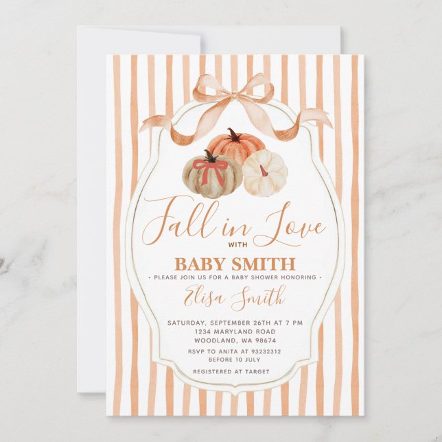 Invitación Baby Shower naranja y calabaza blanca se enamoran (Anverso)