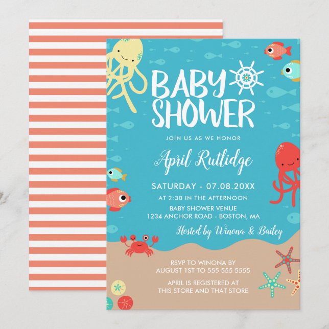 Invitación Baby Shower naumático de Ocean Life (Anverso / Reverso)