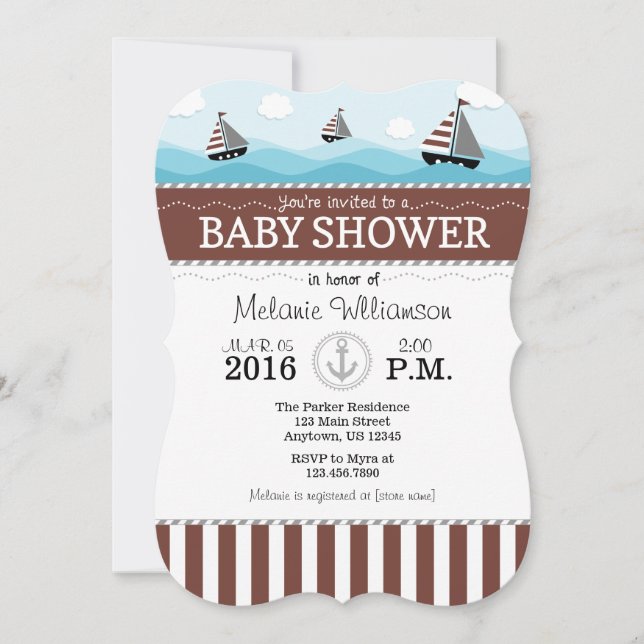Invitación Baby Shower náutica azul marrón (Anverso)