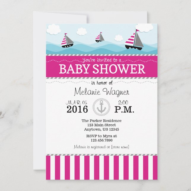 Invitación Baby Shower Náutica azul rosado calient (Anverso)