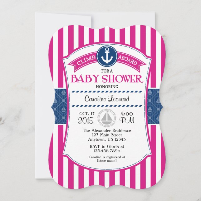 Invitación Baby Shower Náutica azul rosado calient (Anverso)