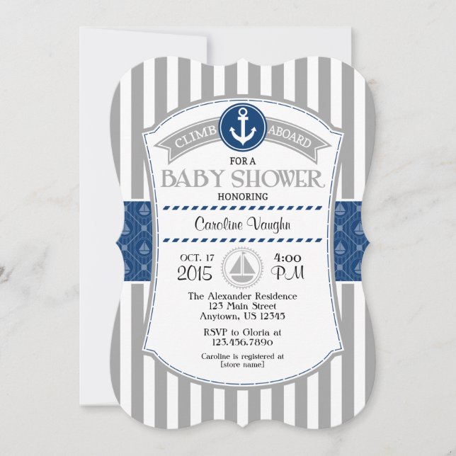 Invitación Baby Shower náutica gris azul (Anverso)