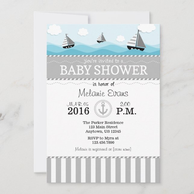 Invitación Baby Shower náutica gris azul (Anverso)