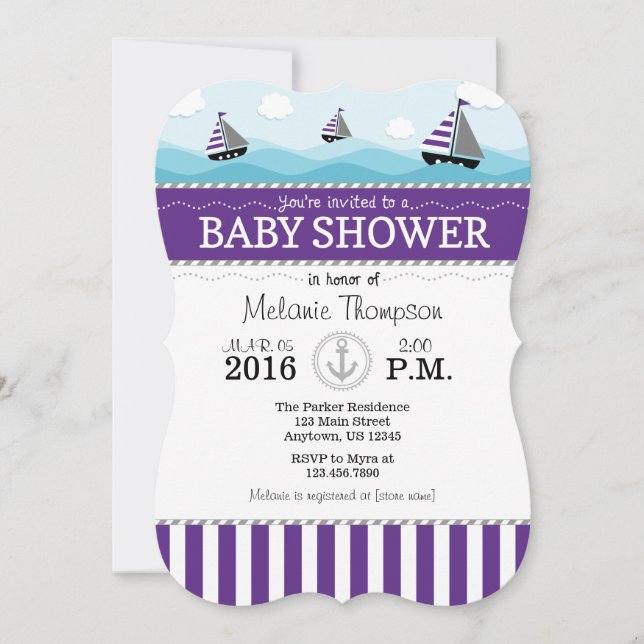 Invitación Baby Shower náutica púrpura azul (Anverso)