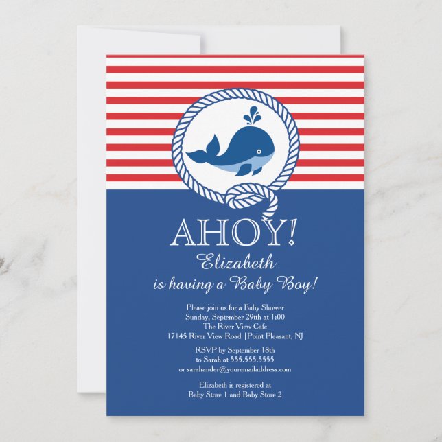 Invitación Baby Shower Nautical Ahoy Whale Boys (Anverso)