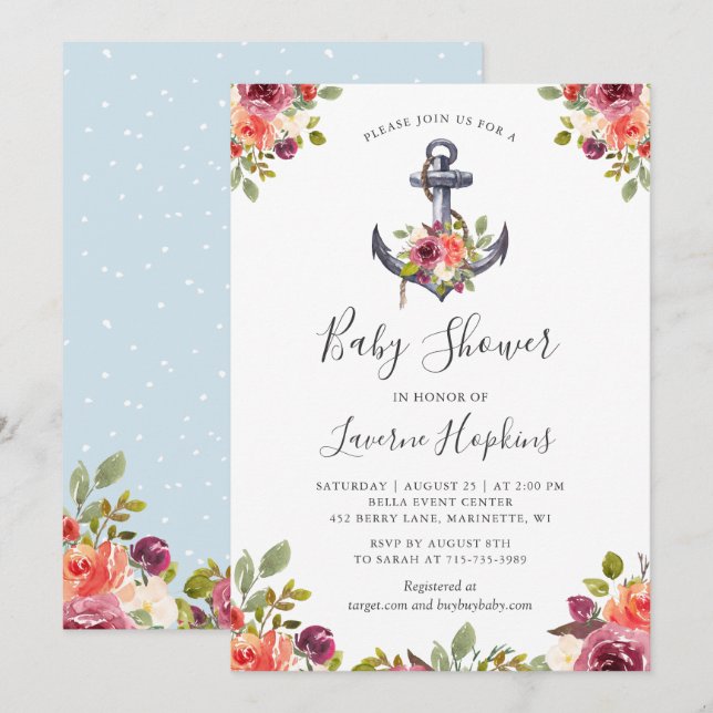 Invitación Baby Shower Nautical Anchor Floral Boy (Anverso / Reverso)