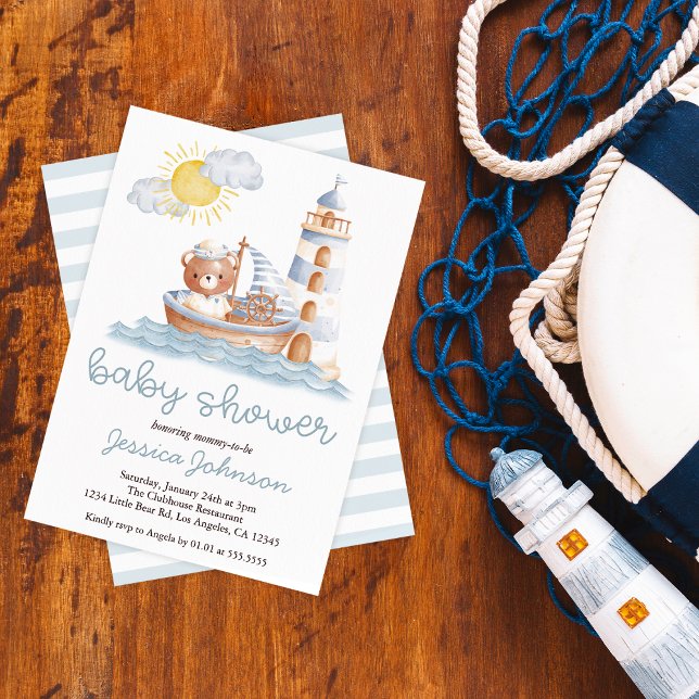 Invitación Baby Shower Nautical Bear Water Boat (Subido por el creador)
