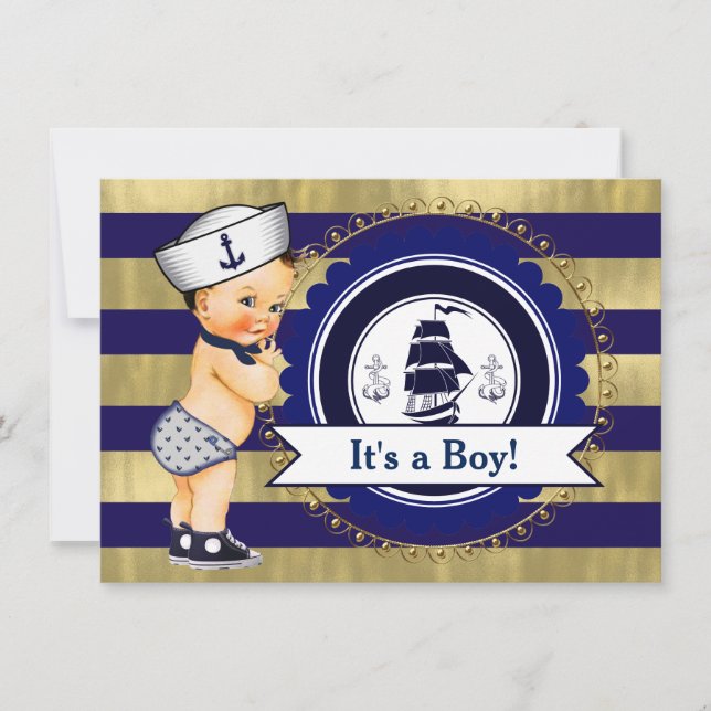 Invitación Baby Shower Nautical Blue and Gold Sailor (Anverso)