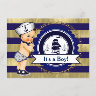 Invitación Baby Shower Nautical Blue and Gold Sailor