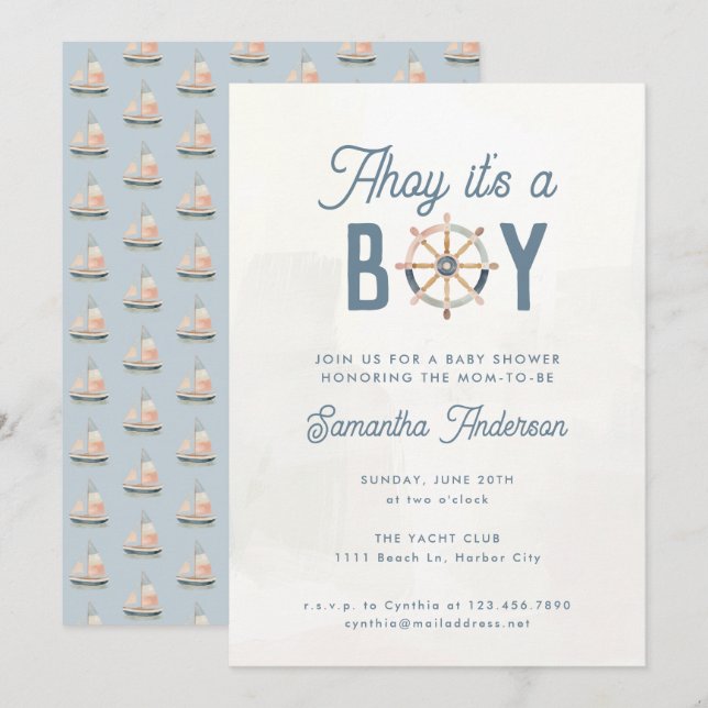 Invitación Baby Shower Nautical Blue Pastel Boy (Anverso / Reverso)