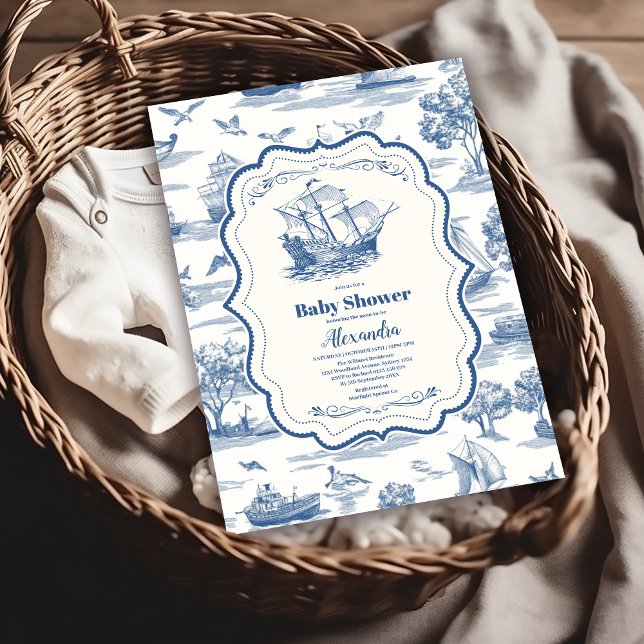 Invitación Baby Shower Nautical Blue Toile de Navy (Subido por el creador)