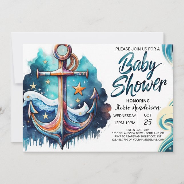 Invitación Baby Shower Nautical Blue Waves (Anverso)