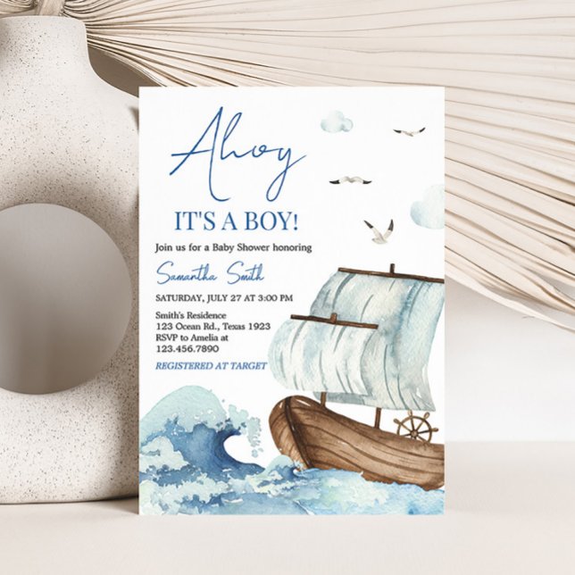 Invitación Baby Shower Nautical Boat (Ahoy It's A Boy Baby Shower Invitation)