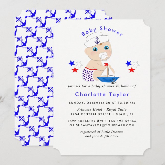 Invitación Baby Shower Nautical Boys Cute Sailor Blue (Anverso / Reverso)