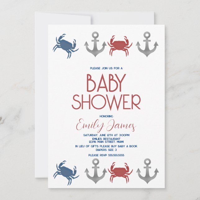 Invitación Baby Shower Nautical Crab Anchor Beach (Anverso)