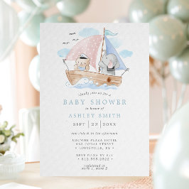 Invitación Baby Shower Nautical Elephant Bear Watercolor