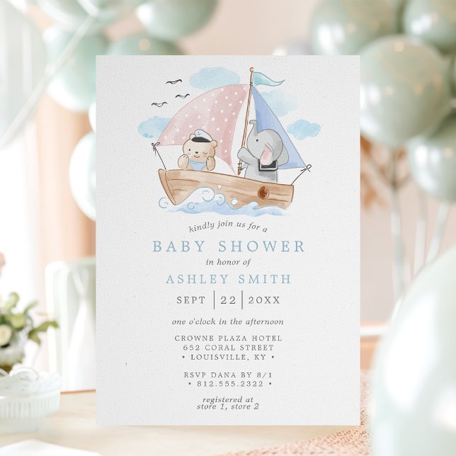 Invitación Baby Shower Nautical Elephant Bear Watercolor (Subido por el creador)