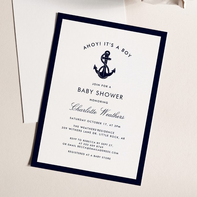 Invitación Baby Shower Nautical Navy Blue Anchor Boy (Nautical Navy Blue Anchor Boy Baby Shower Invitation)