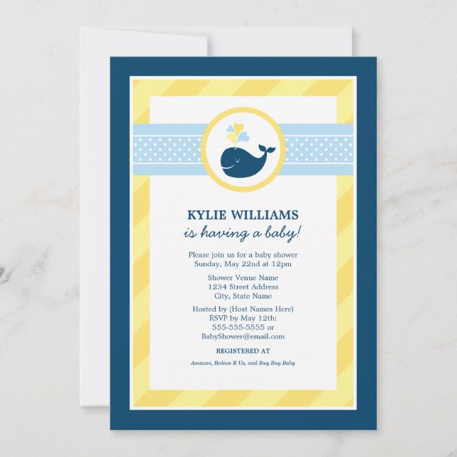 Invitación Baby Shower Nautical Navy Blue Yellow Whale Boy (Anverso)