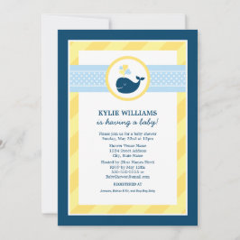 Invitación Baby Shower Nautical Navy Blue Yellow Whale Boy