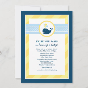 Invitación Baby Shower Nautical Navy Blue Yellow Whale Boy
