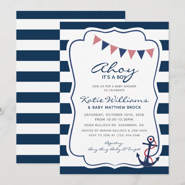 Invitación Baby Shower Nautical Red White Anchor Boy (Anverso / Reverso)