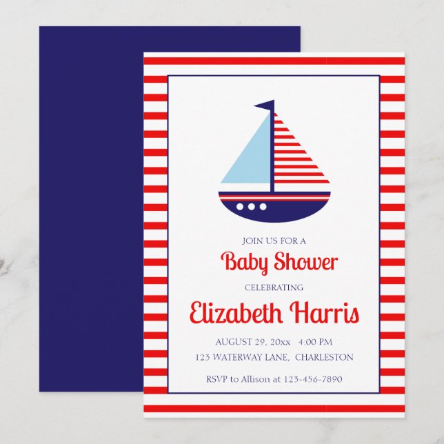 Invitación Baby Shower Nautical Red White y Blue Sailboat (Anverso / Reverso)
