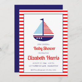 Invitación Baby Shower Nautical Red White y Blue Sailboat