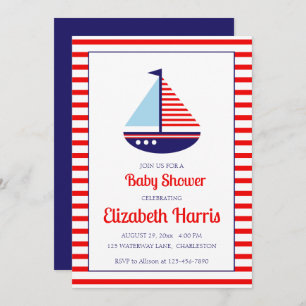 Invitación Baby Shower Nautical Red White y Blue Sailboat