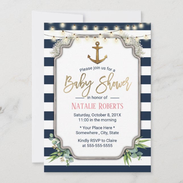 Invitación Baby Shower Nautical Rustic Gold Anchor (Anverso)
