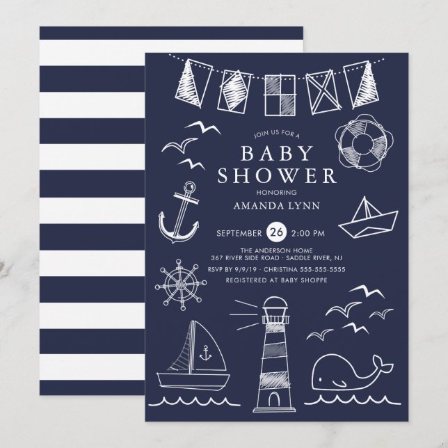Invitación Baby Shower Nautical Sailboat Boy (Anverso / Reverso)