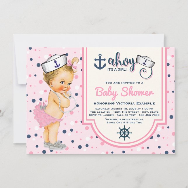 Invitación Baby Shower Náutico Azul de la Marina Rosa (Anverso)