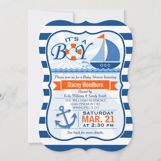 Invitación Baby Shower Náutico Azul y Naranja (Anverso)