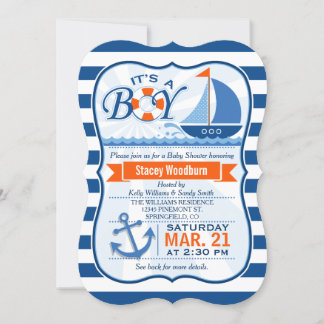 Invitación Baby Shower Náutico Azul y Naranja
