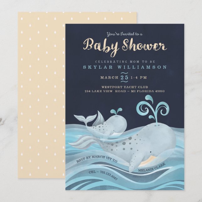 Invitación Baby Shower Náutico de ballena dulce de mamá y beb (Anverso / Reverso)