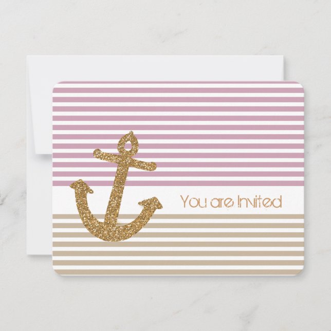 Invitación Baby Shower náutico de bandas de oro y rosa (Anverso)