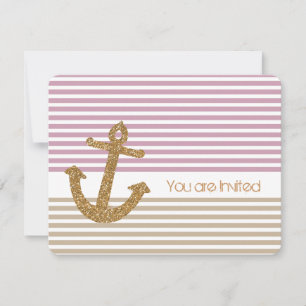 Invitación Baby Shower náutico de bandas de oro y rosa