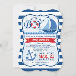 Invitación Baby Shower náutico; franjas azules y blancas