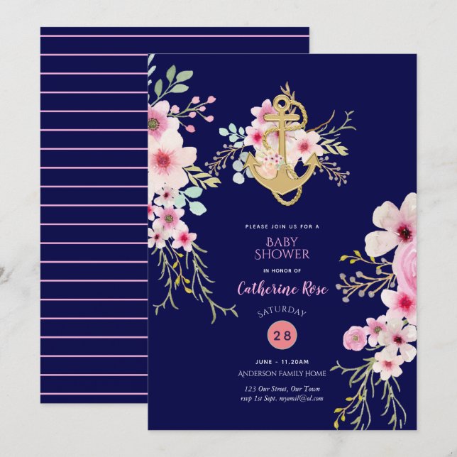 Invitación Baby Shower náutico invita a la flora rosa azul de (Anverso / Reverso)
